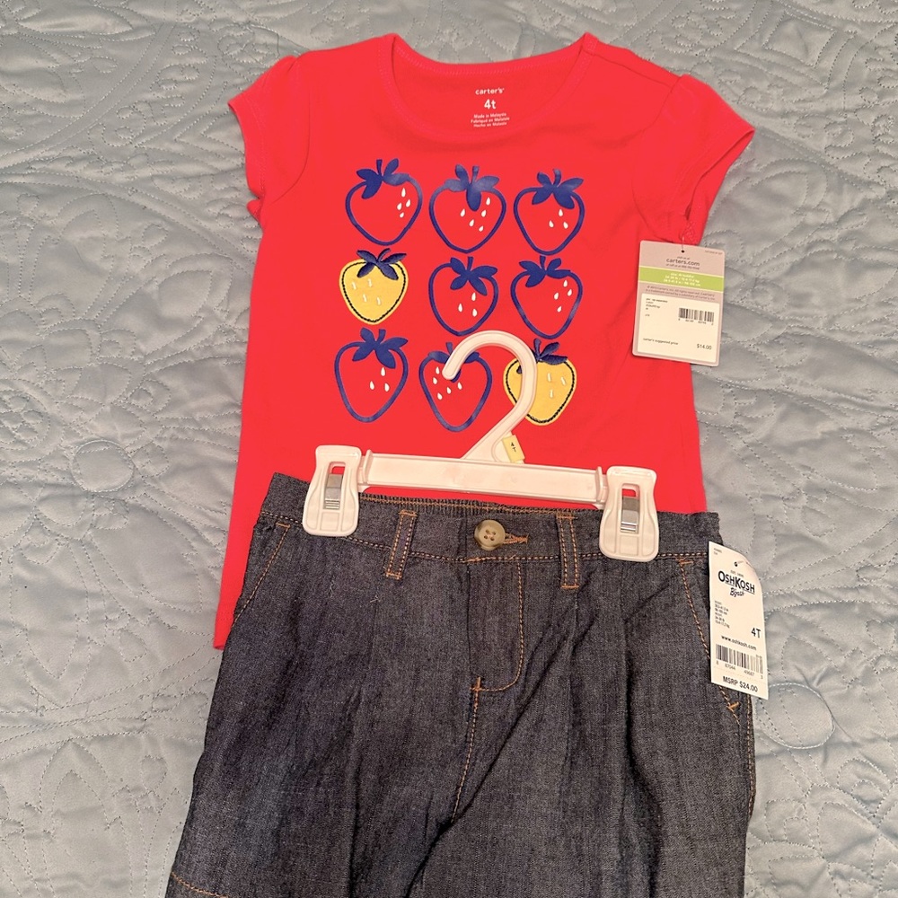 Cute new 4T short sleeved Carter’s shirt and 4T OshKosh B’gosh jean shorts NWT